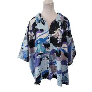Attitudes by Renee Size 1X Blue Art To Wear Button Up Short Sleeve Mature